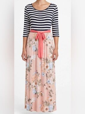 EGS Striped & Floral Mixed Media Maxi Dress with Pockets - XL